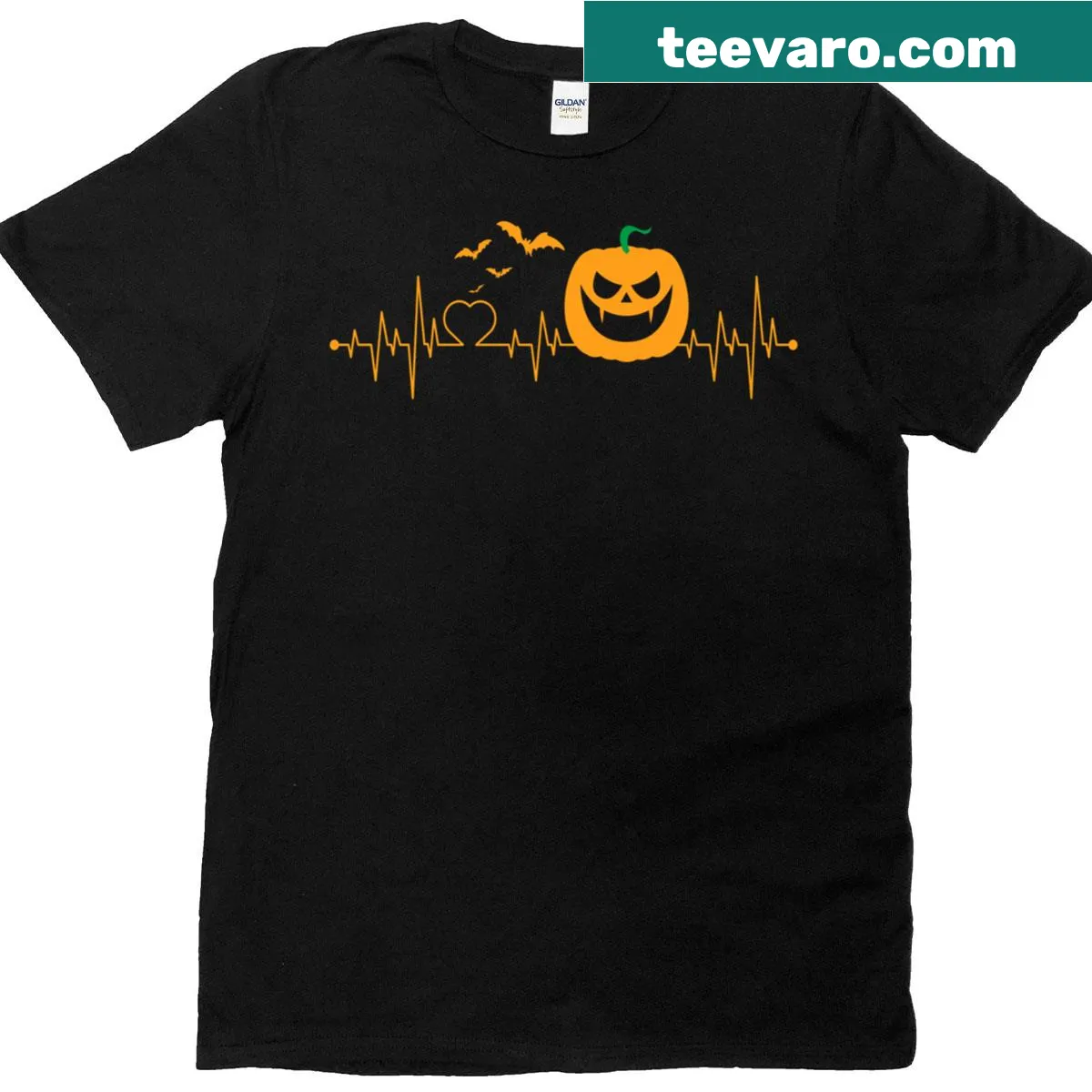 Halloween T-shirt with a heartbeat graphic and jack-o'-lantern design — on a men's t-shirt