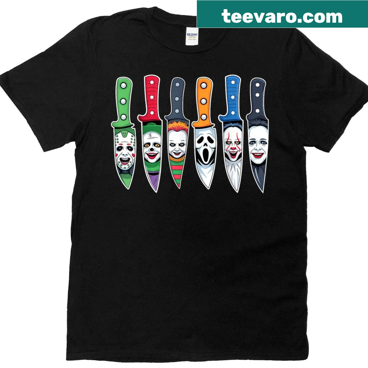 Halloween T-shirt featuring horror movie characters with knives — on a men's t-shirt