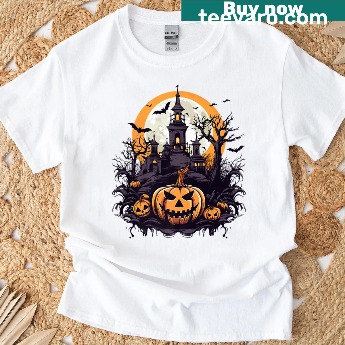 Charming house with pumpkins illustration on a Halloween t-shirt — on a men's t-shirt