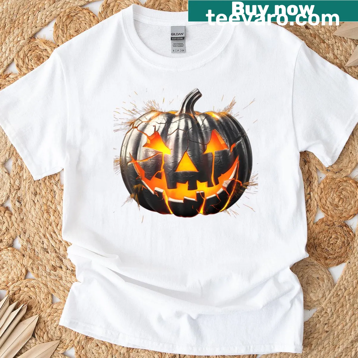 Cheeky jack-o'-lantern face design for Halloween wear. — on a men's t-shirt