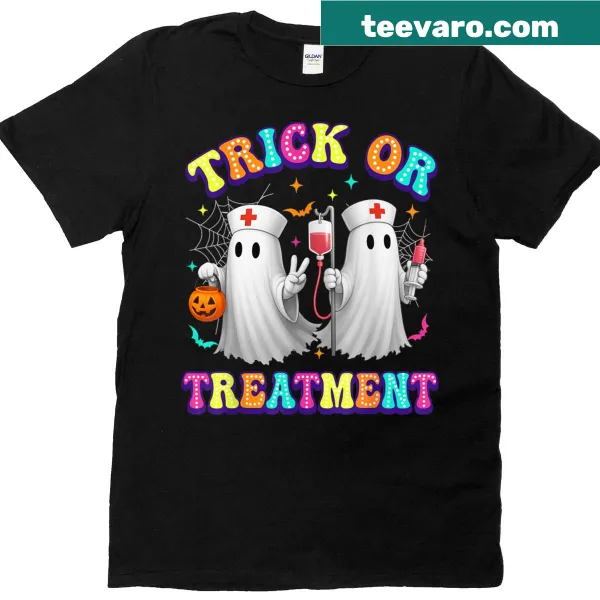 Illustration of a Halloween-themed nursing shirt with the phrase "Trick Or Treatment"