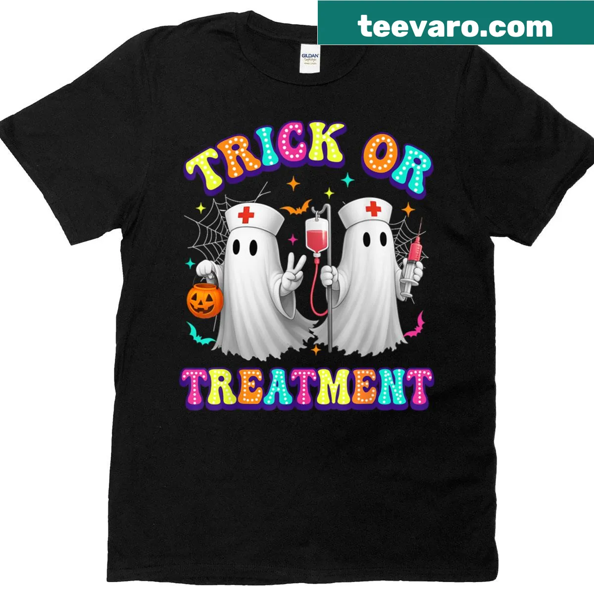 Illustration of a Halloween-themed nursing shirt with the phrase "Trick Or Treatment" — on a men's t-shirt
