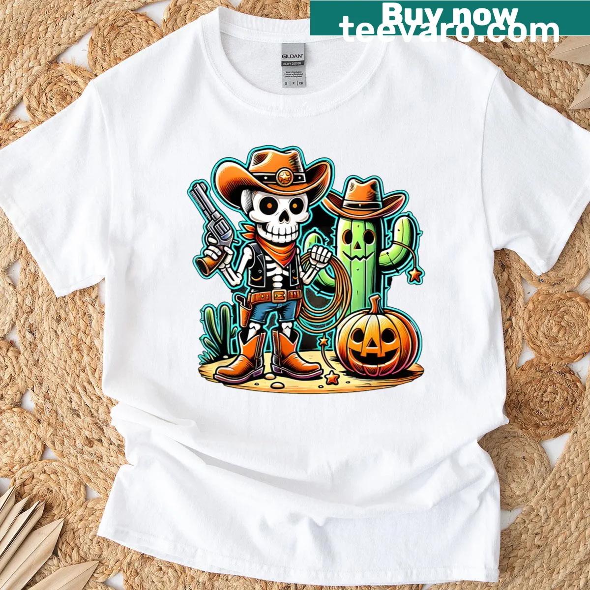 Skeletal cowboy graphic on a Halloween t-shirt — on a men's t-shirt