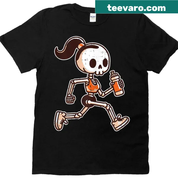 Cute cartoon skeleton girl in a running costume on a t-shirt
