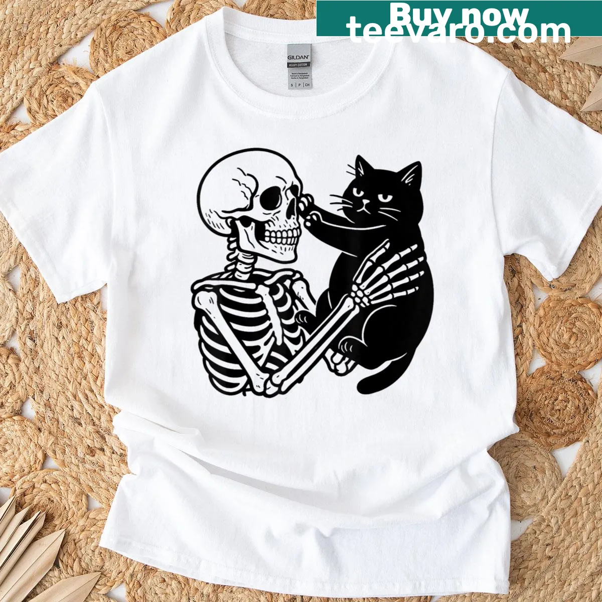 Skeleton hugging a cat graphic on a Halloween t-shirt — on a men's t-shirt