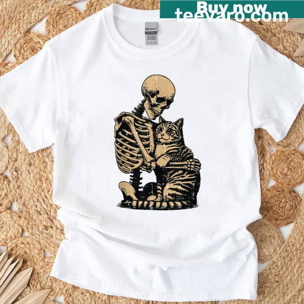 Halloween t-shirt showing a skeleton hugging a cat