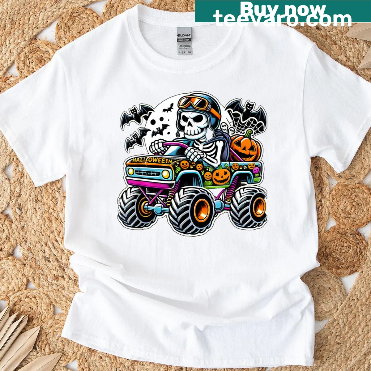 Skeleton driving a monster truck on Halloween T-shirt — on a men's t-shirt