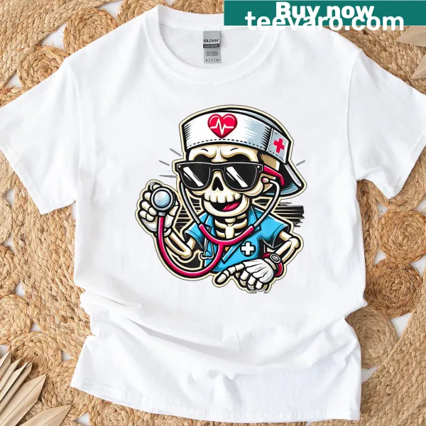 Skeleton nurse graphic for Halloween on a t-shirt