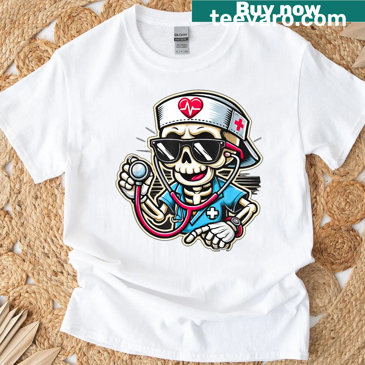 Skeleton nurse graphic for Halloween on a t-shirt — on a men's t-shirt