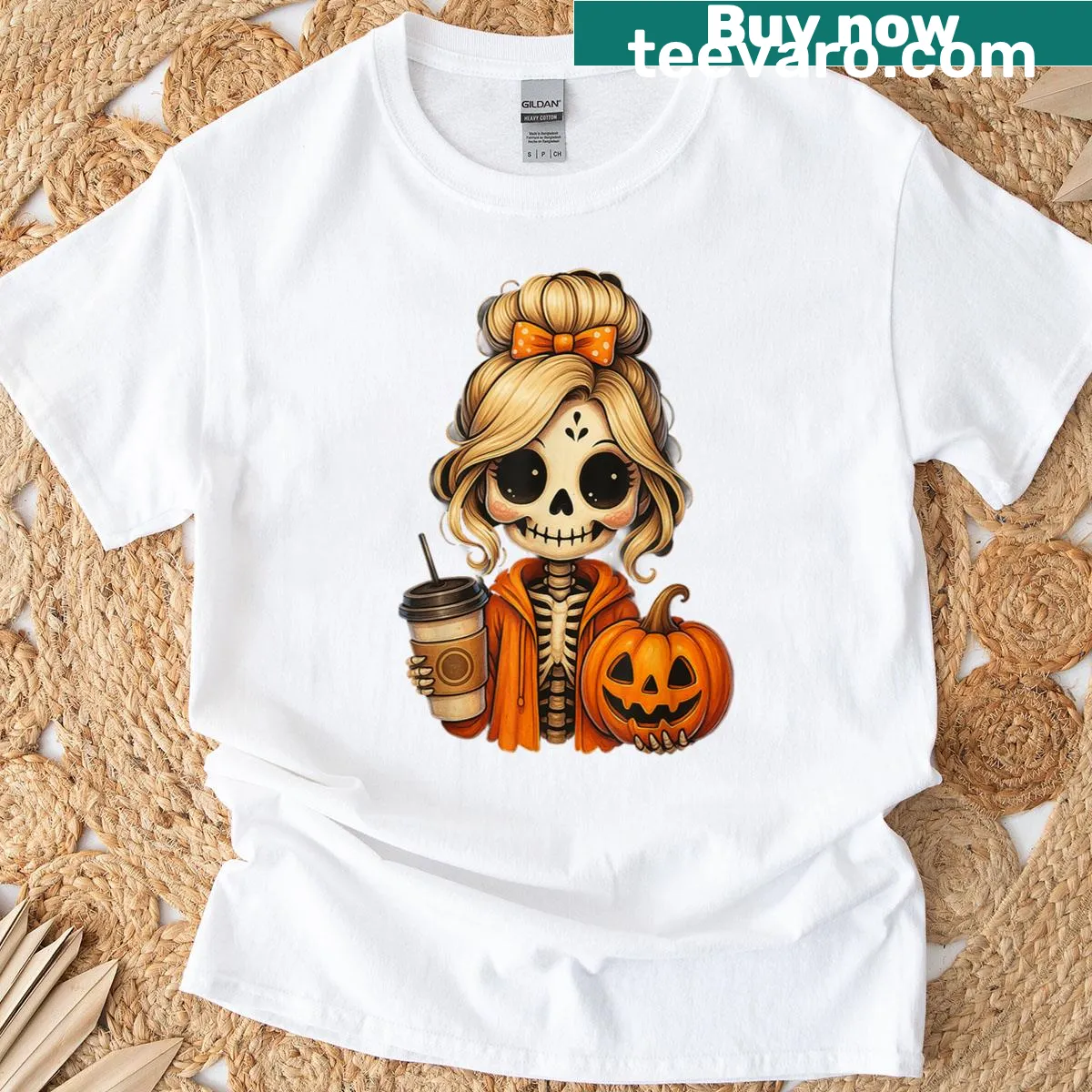 Skeleton and pumpkin graphic with coffee on Halloween-themed t-shirt — on a men's t-shirt