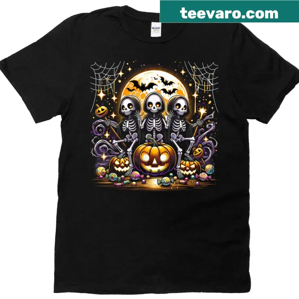 Creepy Halloween T-shirt featuring skeletons and skulls design