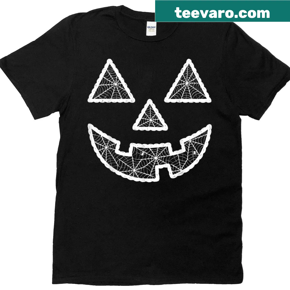 Spooky Halloween T-shirt with a creepy jack-o'-lantern design — on a men's t-shirt