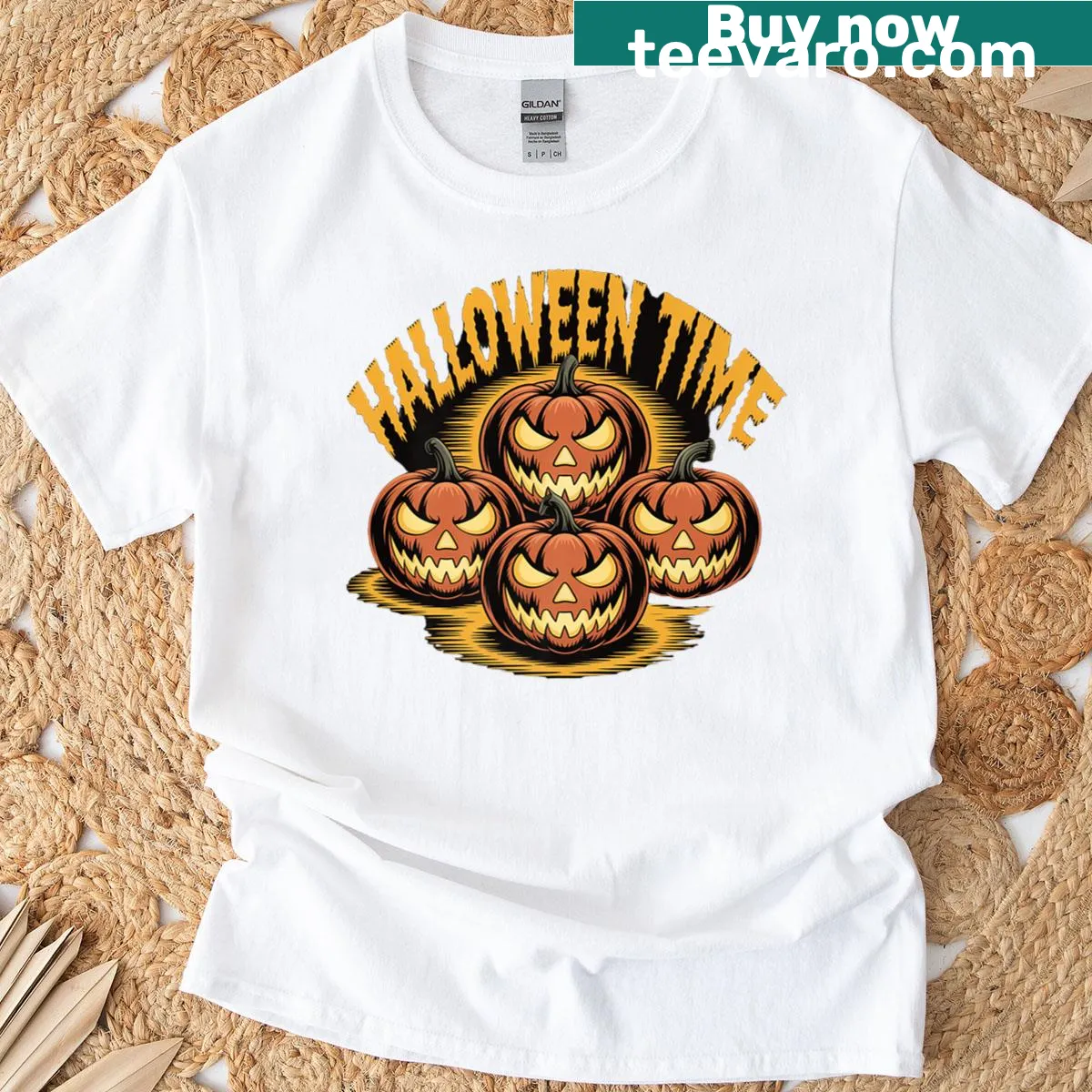 Spooky Halloween T-shirt with evil pumpkin illustrations — on a men's t-shirt