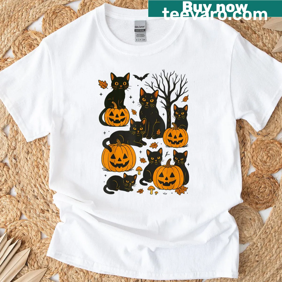 Cute Halloween t-shirt with black cat and pumpkins design — on a men's t-shirt