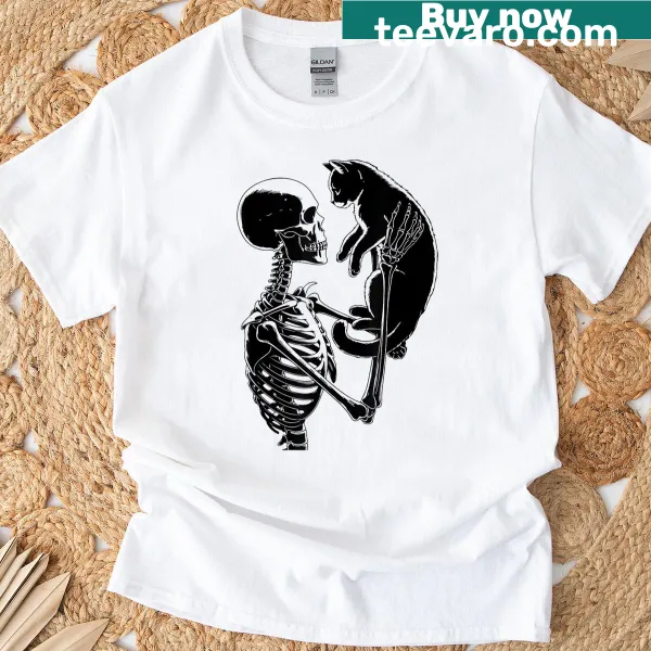 Vintage Halloween shirt featuring a skeleton and black cat in a humorous design