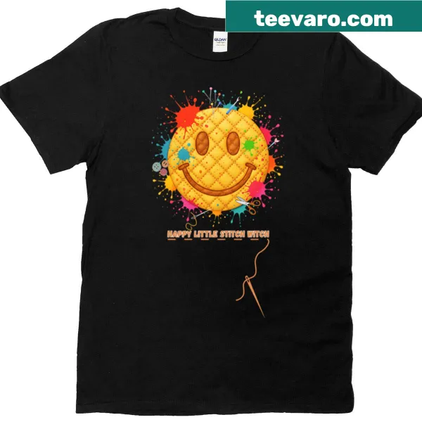 Illustration of a happy stitch witch on a sewing T-shirt