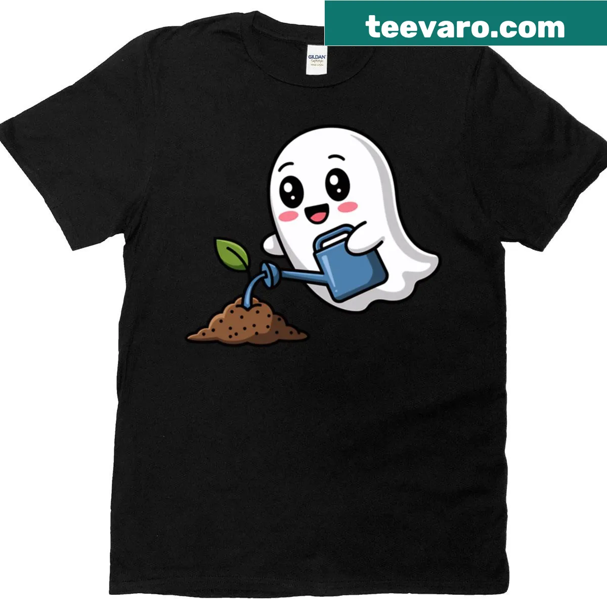 Playful gardening-themed t-shirt featuring a ghost and gardening tools — on a men's t-shirt