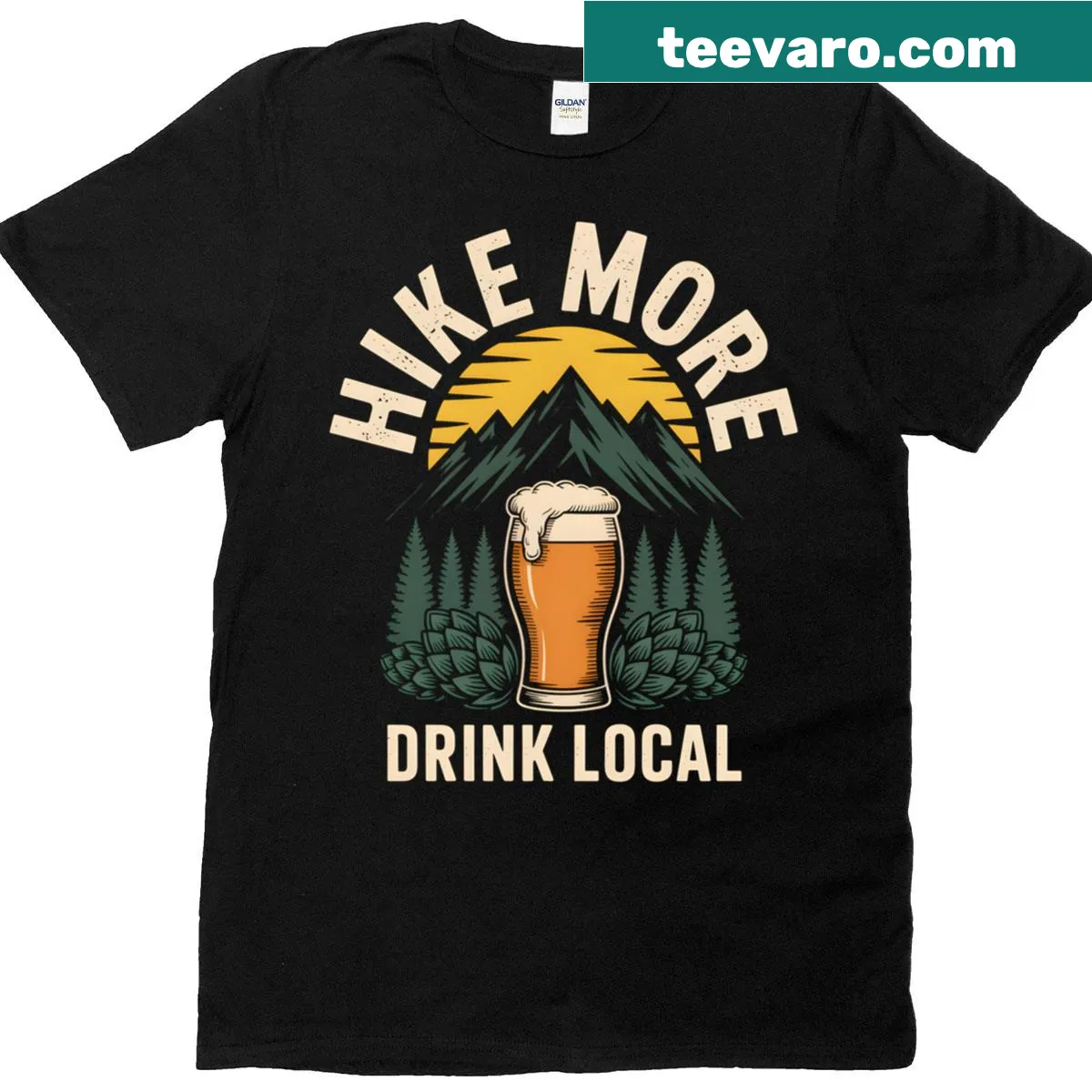 T-shirt featuring hiking and craft beer themed typography — on a men's t-shirt