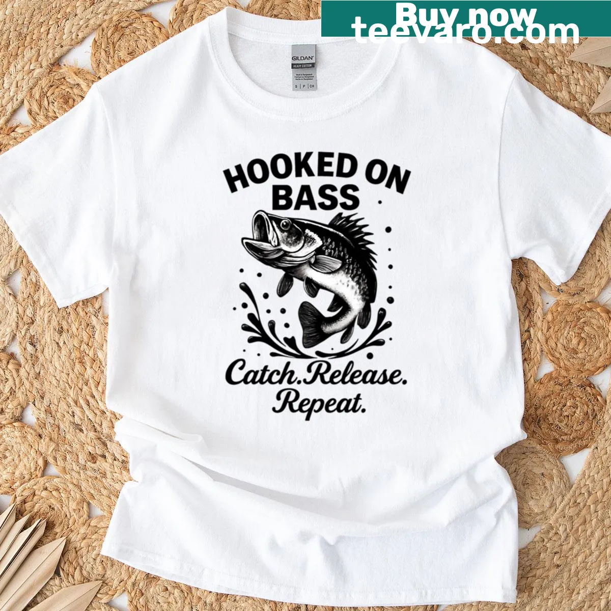 Funny fishing t-shirt with Hooked On Bass text design — on a men's t-shirt