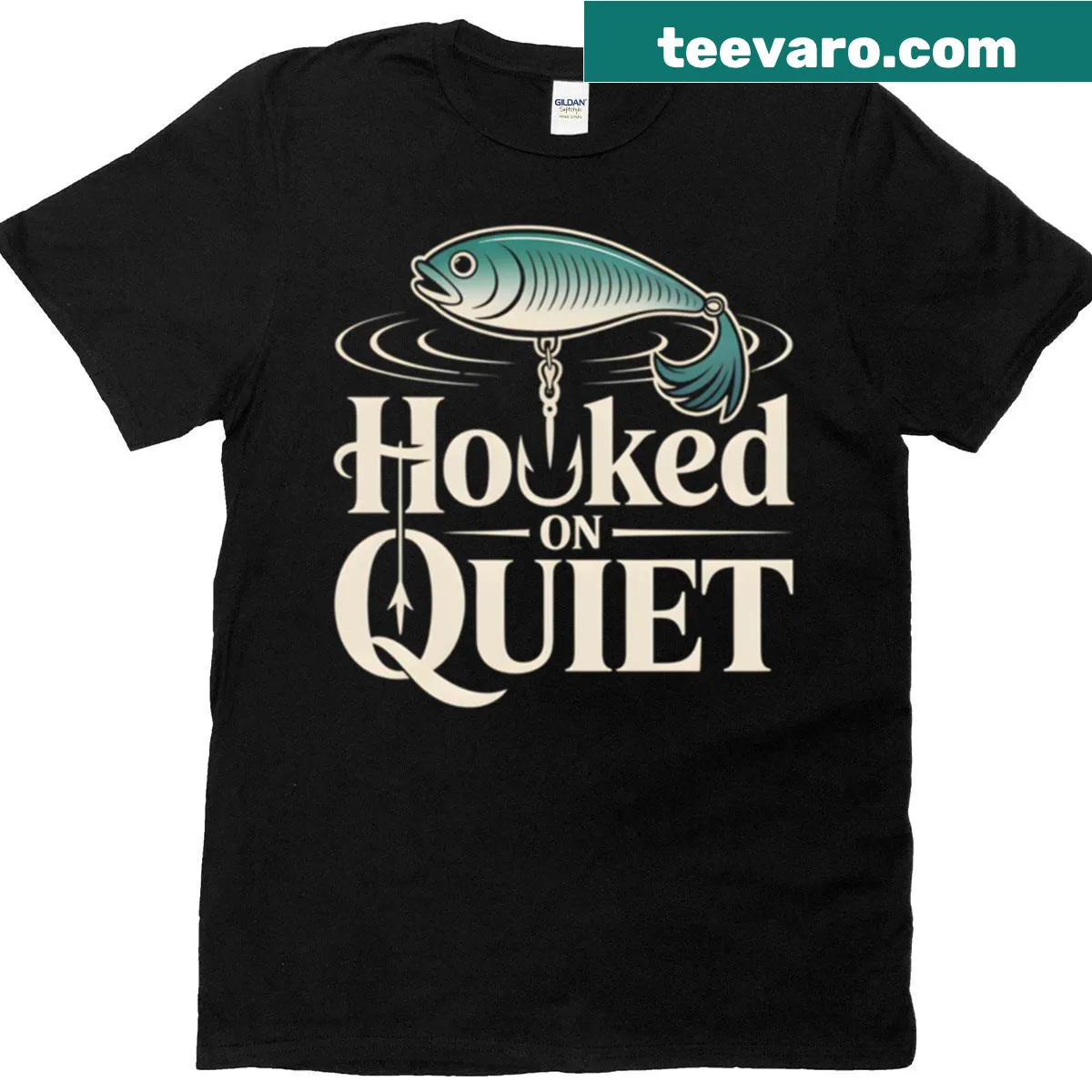 Serene fishing shirt with the saying 'Hooked On Quiet Peaceful Fishing' — on a men's t-shirt