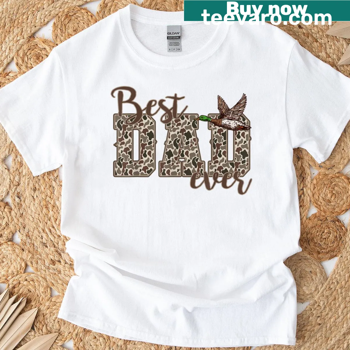 Duck-themed camouflage shirt for dads featuring a humorous graphic. — on a men's t-shirt