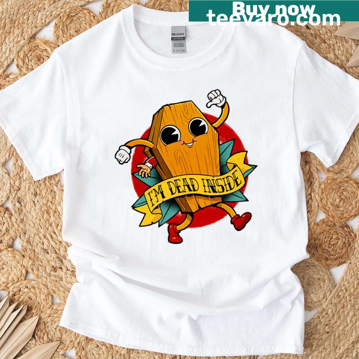 Illustration of a coffin character with the phrase 'I Am Dead Inside' — on a men's t-shirt