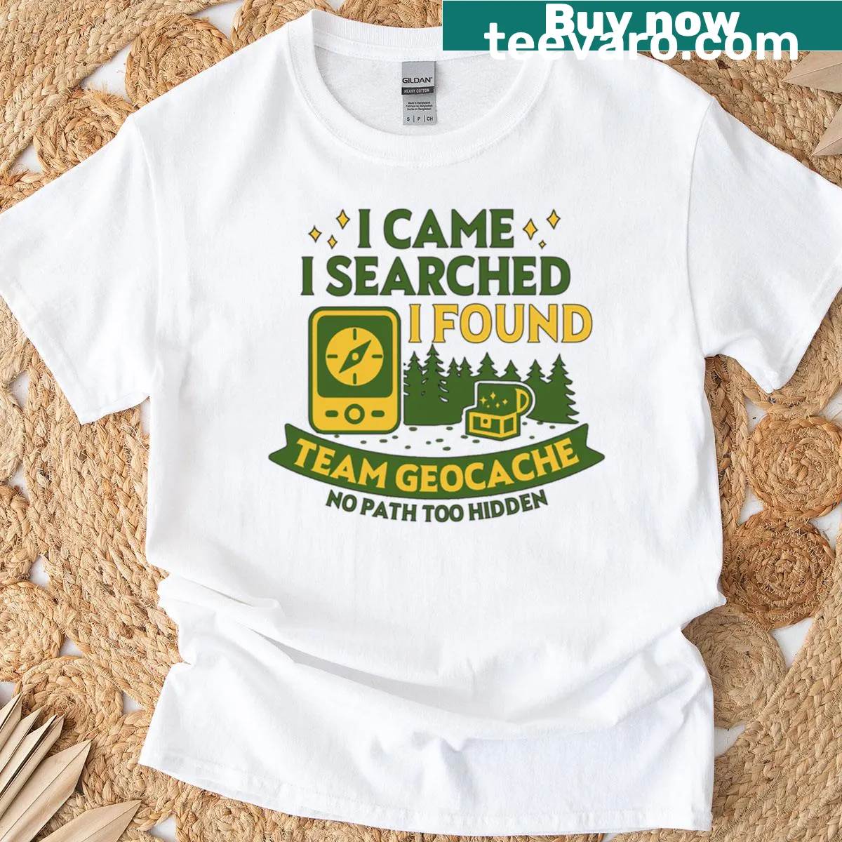 Geocaching team t-shirt with the phrase 'I Came I Searched I Found' — on a men's t-shirt