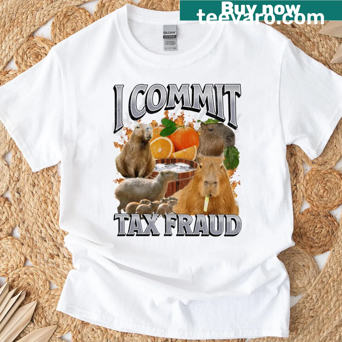 Funny capybara meme t-shirt with the phrase 'I Commit Tax Fraud' — on a men's t-shirt