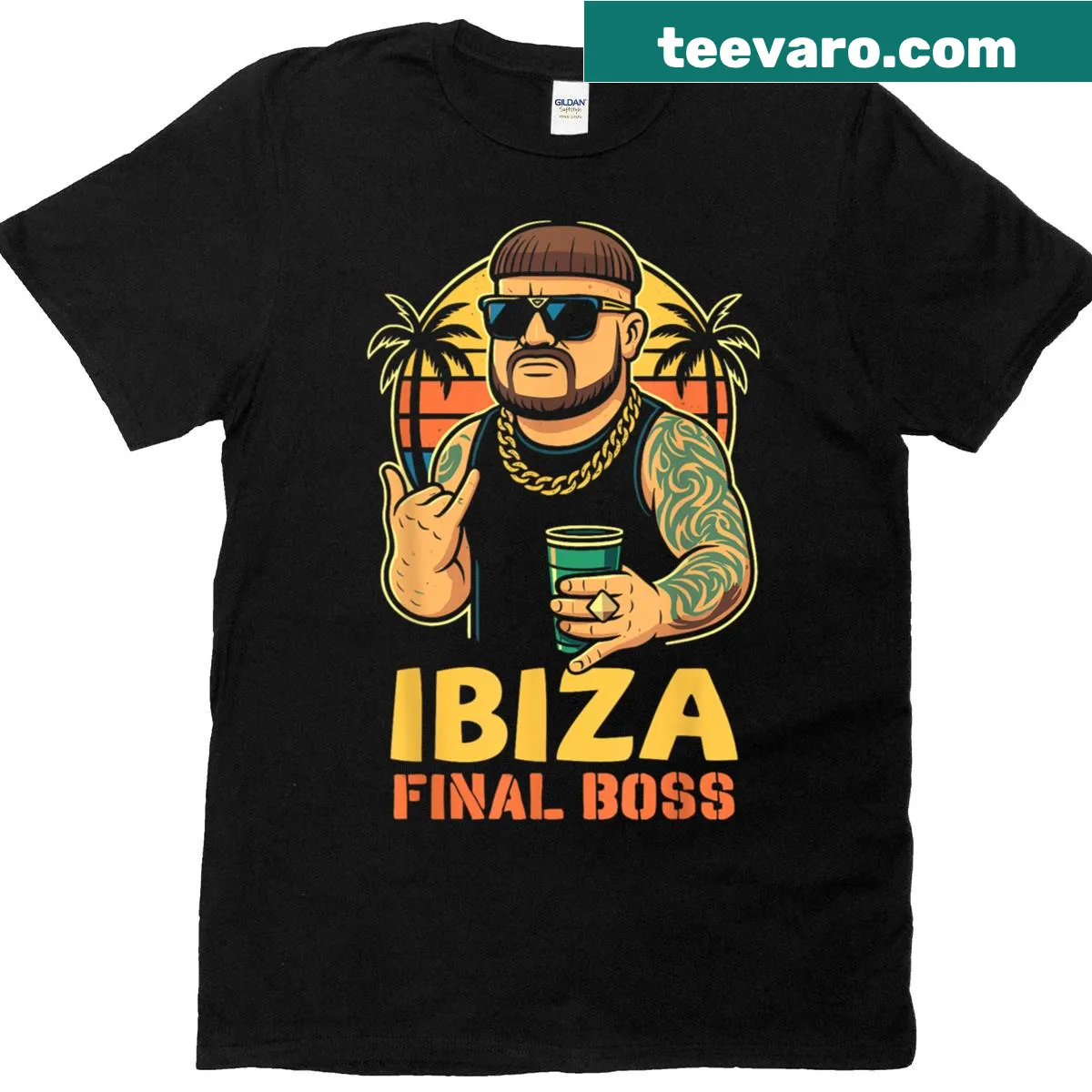 Playful T-shirt featuring festival and beach-themed graphics — on a men's t-shirt