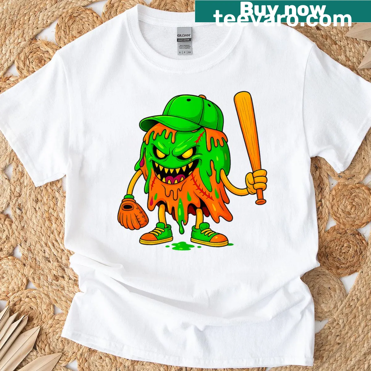 Cartoon ghost with ice cream and baseball cap for Halloween-themed t-shirt. — on a men's t-shirt