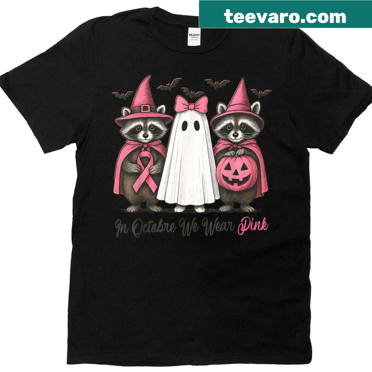 Halloween T-shirt with raccoon and pink breast cancer awareness theme — on a men's t-shirt
