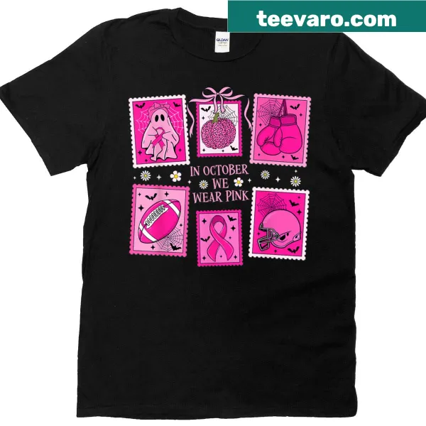 Cute pink ghost design for breast cancer awareness on a Halloween T-shirt.