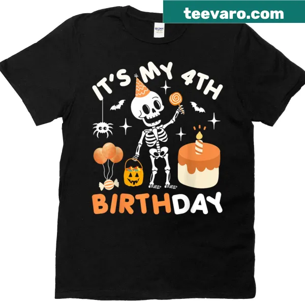 Funny Halloween skeleton graphic for 4th birthday T-shirt