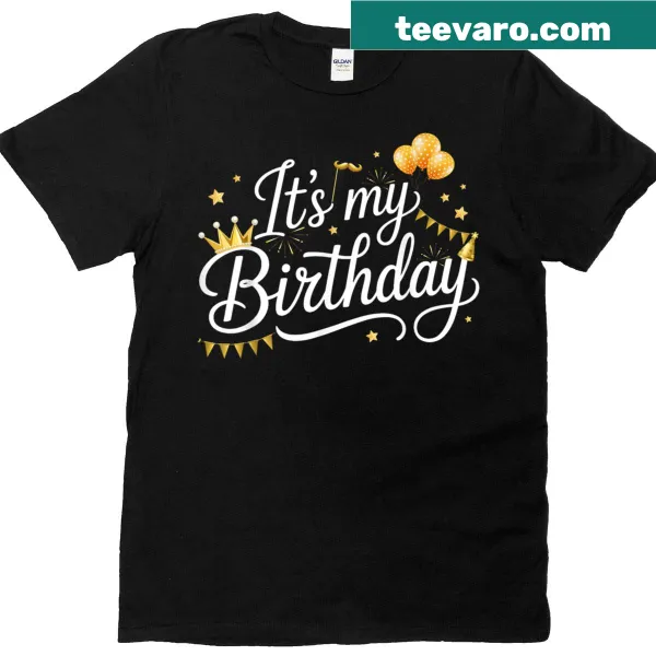 Cheerful birthday T-shirt with balloons and crown graphic