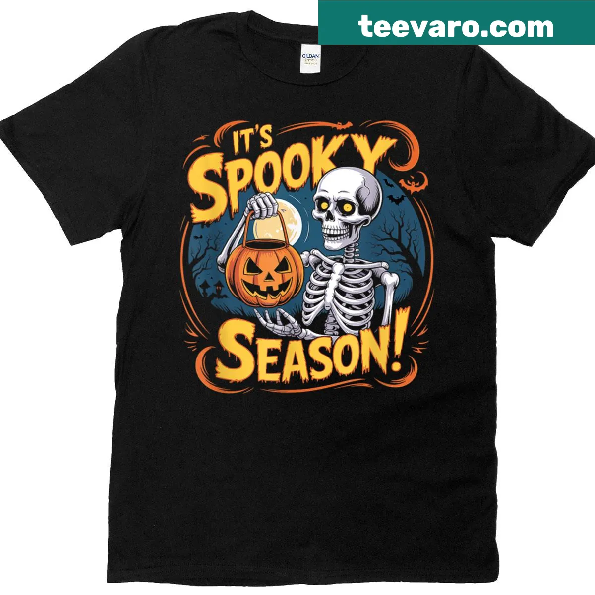 Cartoon-style skeleton and pumpkin Halloween T-shirt — on a men's t-shirt