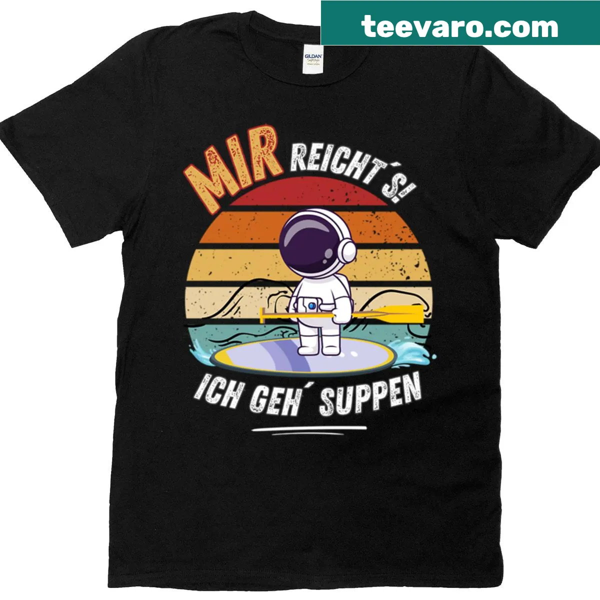 Funny T-shirt with cartoon astronaut expressing frustration and craving soup — on a men's t-shirt
