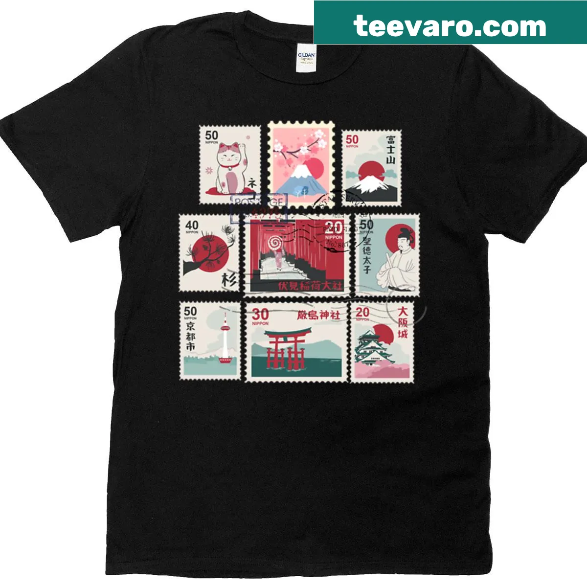 Vintage stamps graphic t-shirt with kawaii designs — on a men's t-shirt