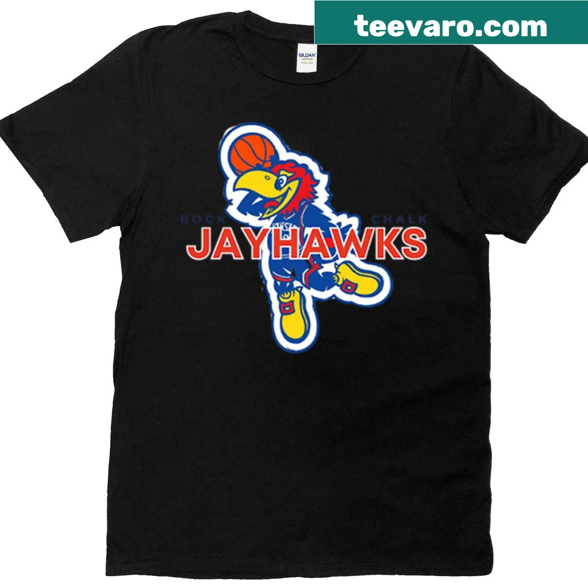 Illustrated Jayhawk mascot graphic on a casual T-shirt — on a men's t-shirt