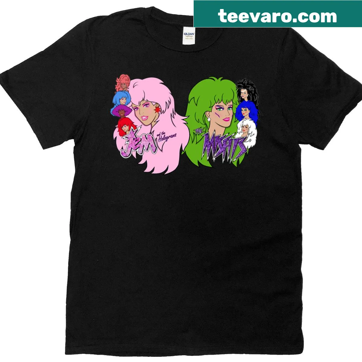 Illustrated graphic of Jem and the Misfits on a T-shirt — on a men's t-shirt