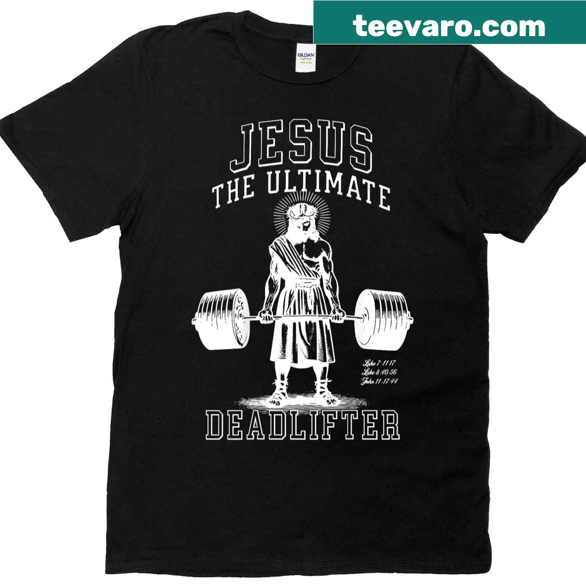 Illustration of Jesus deadlifting on a Christian T-shirt. — on a men's t-shirt