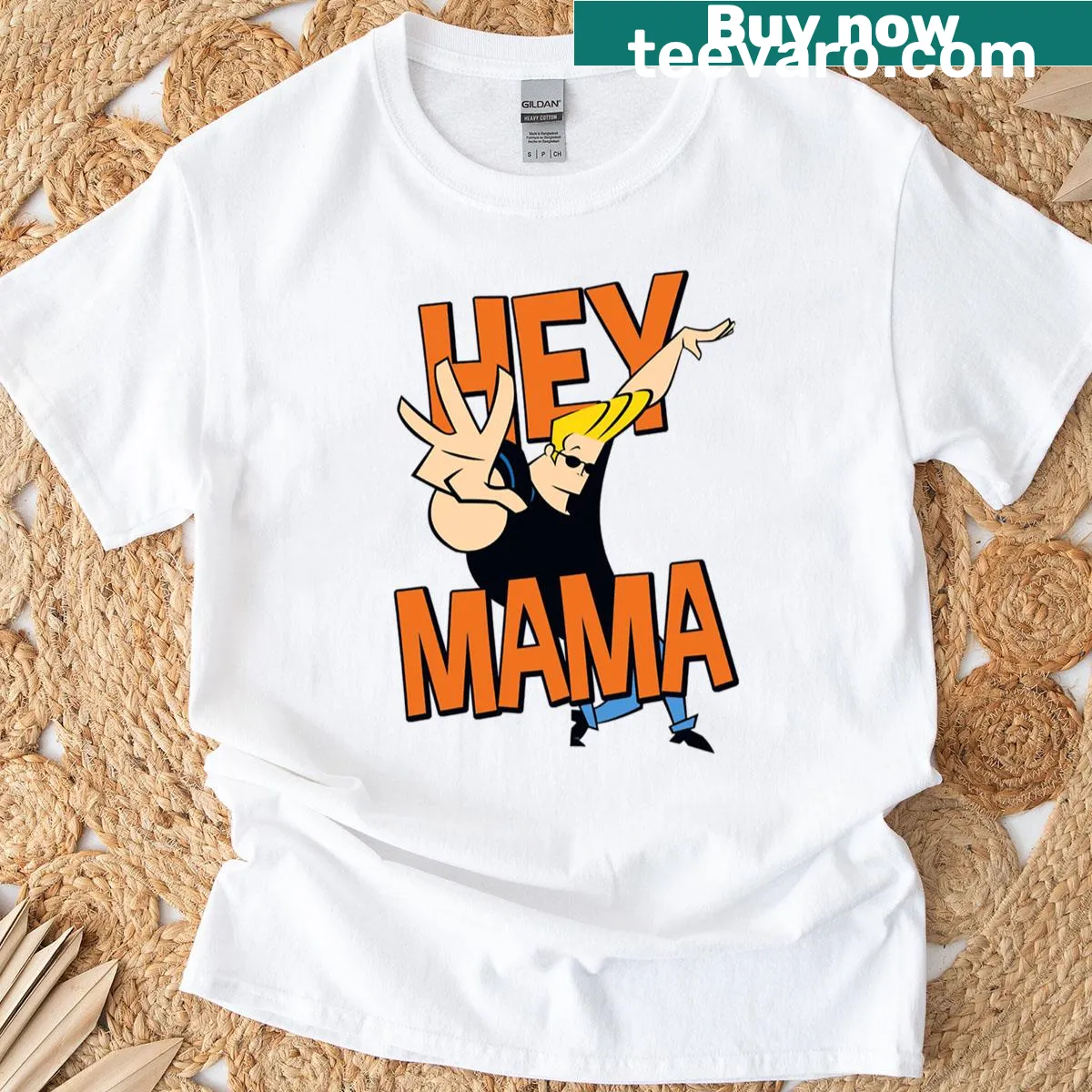 Johnny Bravo t-shirt with Hey Mama phrase for juniors — on a men's t-shirt
