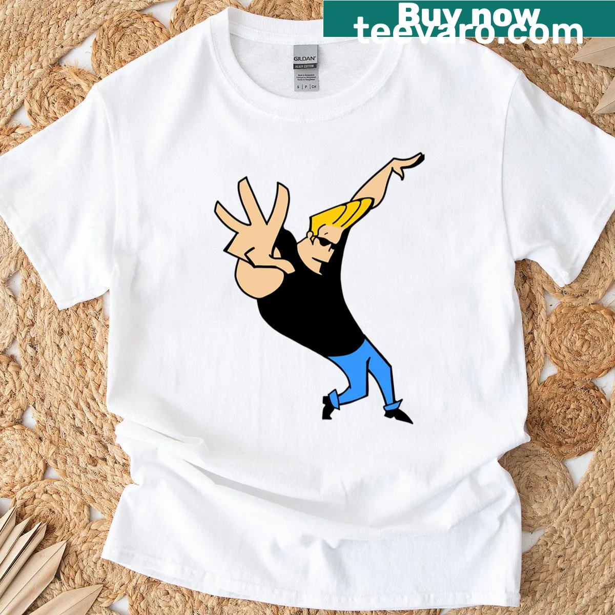 Johnny Bravo T-shirt featuring a cartoon graphic of the character. — on a men's t-shirt