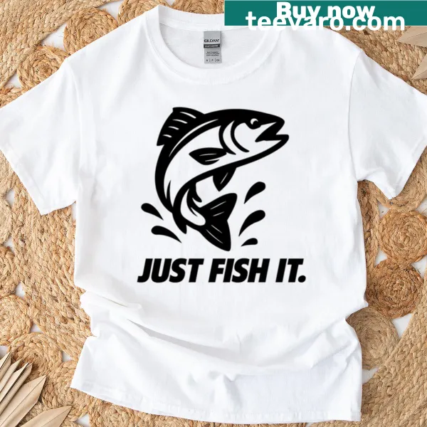Bold fishing graphic t-shirt with fishing rod illustration and playful text