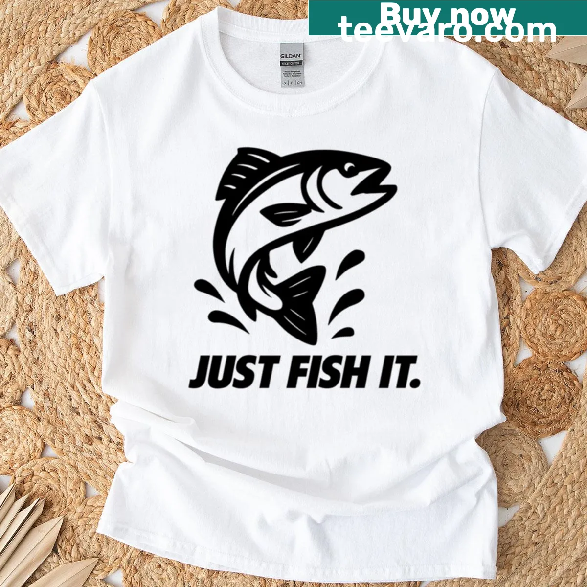 Bold fishing graphic t-shirt with fishing rod illustration and playful text — on a men's t-shirt