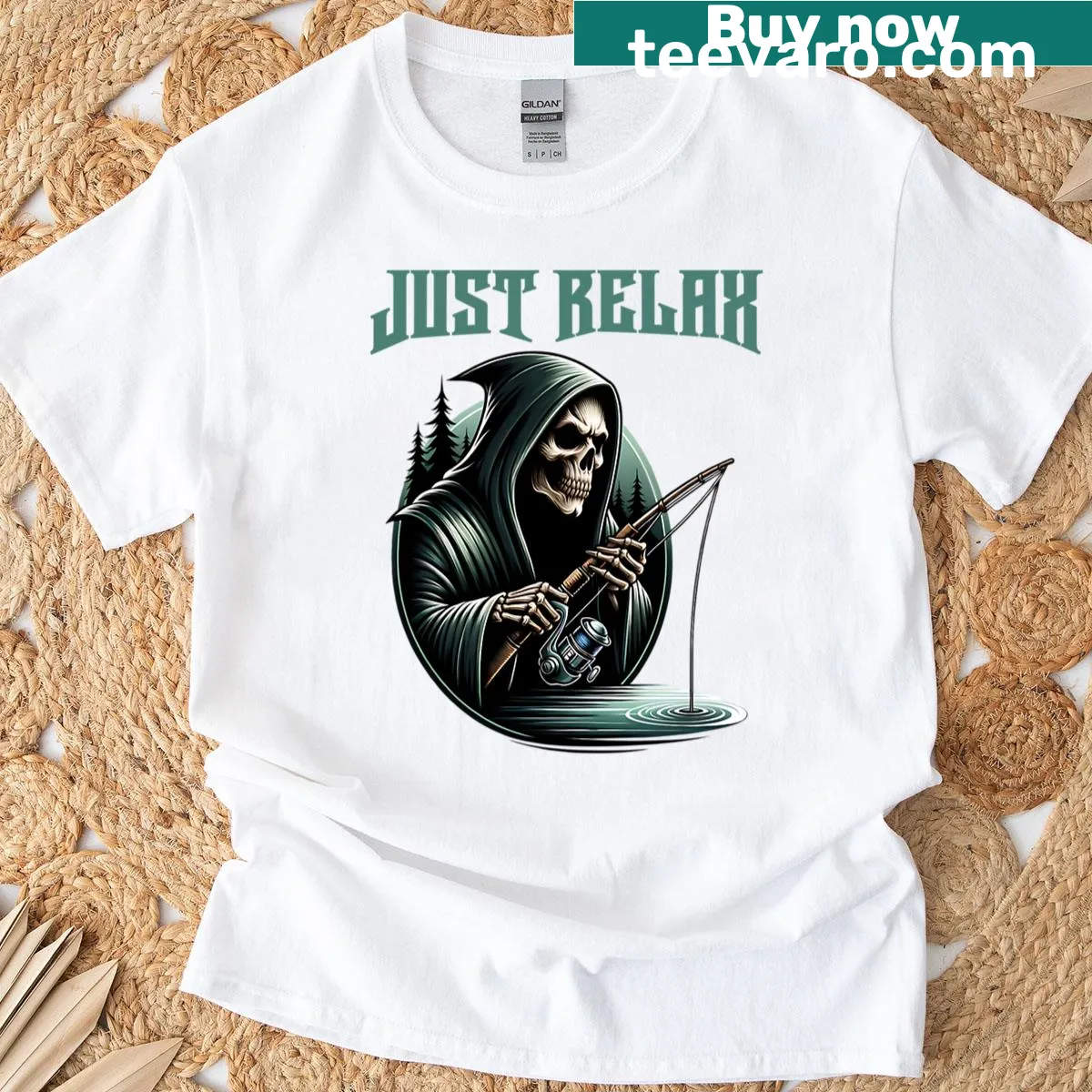 Funny Grim Reaper fishing T-shirt with a cartoon illustration. — on a men's t-shirt