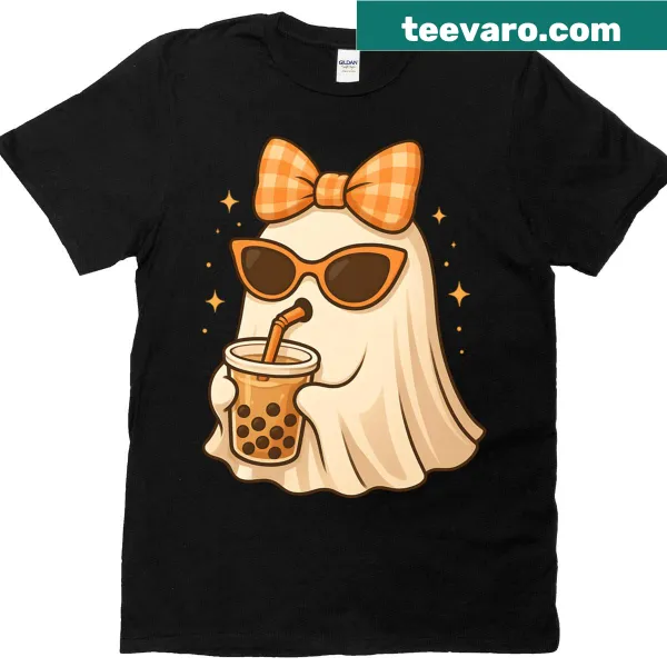 Cute ghost with boba tea design for Halloween t-shirt
