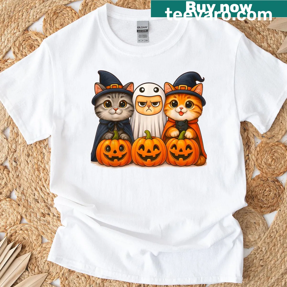 Kawaii Halloween T-shirt featuring cute cats, ghosts, and pumpkins. — on a men's t-shirt