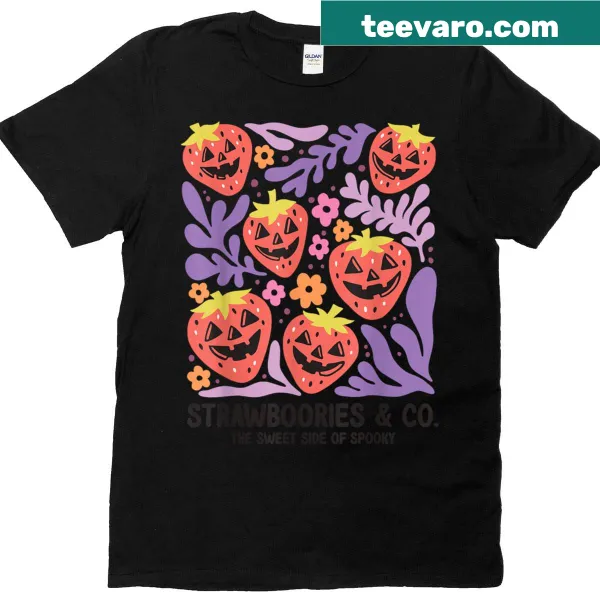 Kawaii Halloween t-shirt featuring a strawberry pumpkin design for kids and adults