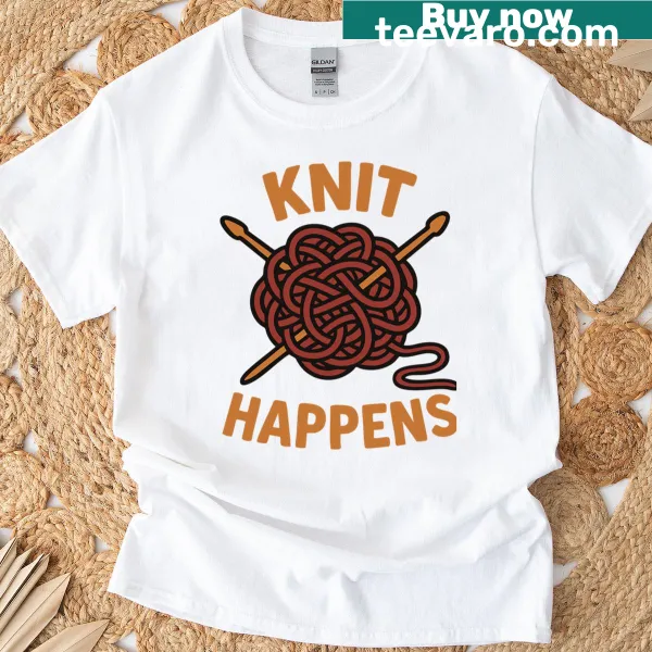 Funny Knit Happens t-shirt with tangled yarn graphic