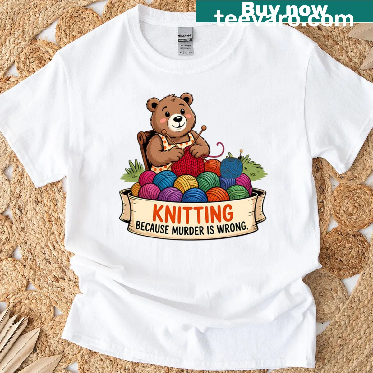 Funny knitting T-shirt with dark humor quote — on a men's t-shirt